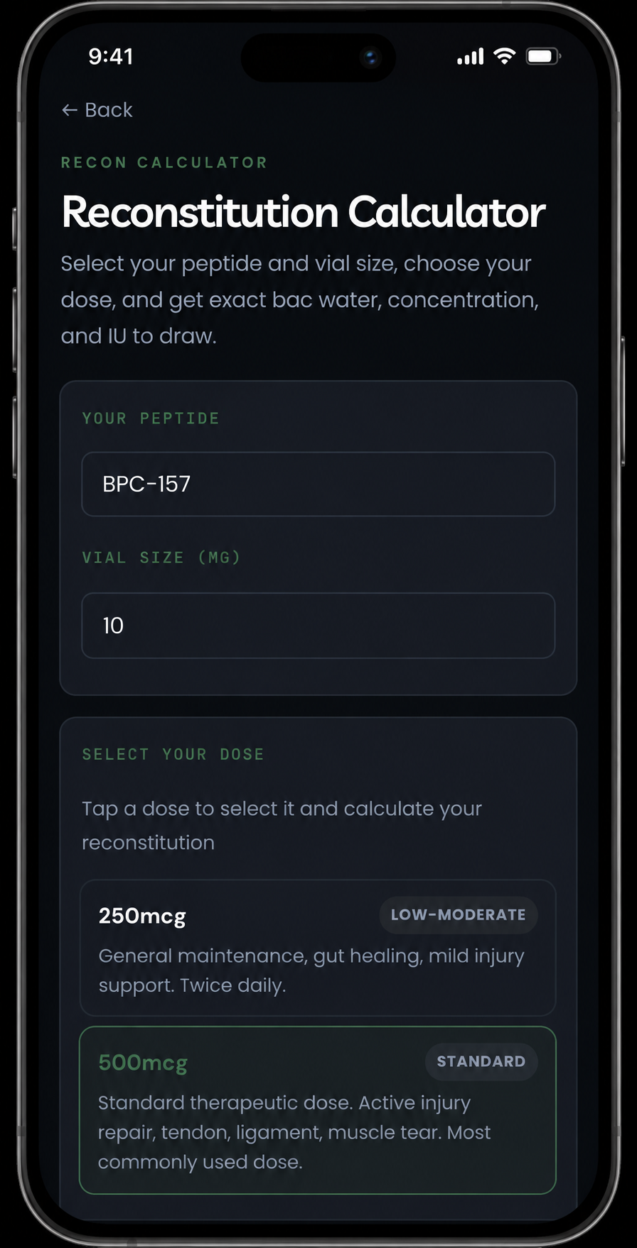 PepCoach reconstitution calculator step 1