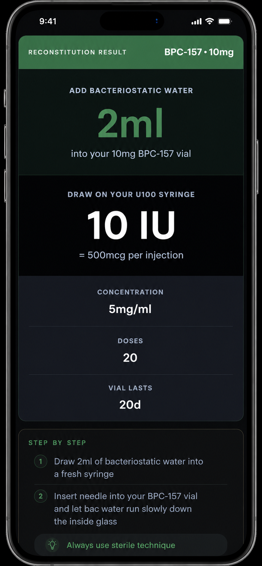 PepCoach reconstitution calculator step 2